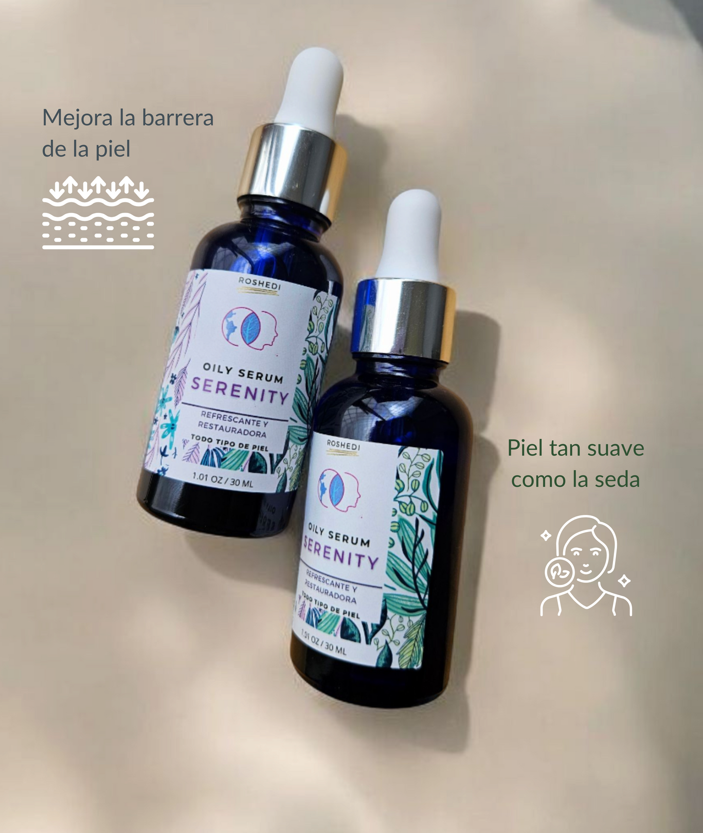 Hidrata, nutre, repara. Efecto duradero sin obstruir los poros. Oleo facial multifuncional Serenity
